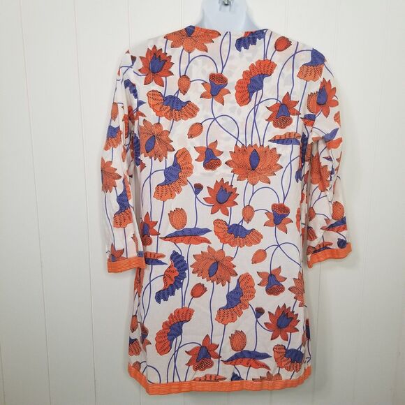 Gretchen Scott Floral Print Tunic Top Cotton White Blue Orange Size Small - Picture 5 of 8